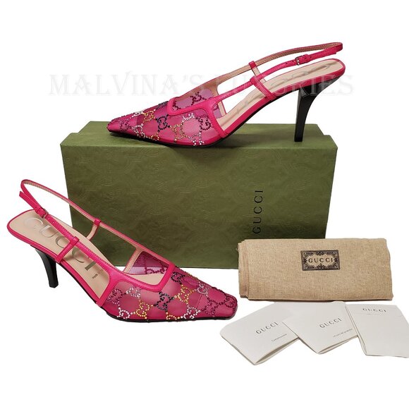 GUCCI SHOES FUCHSIA MESH w GG CRYSTALS SLINGBACK SANDALS sz 40 10 US - Picture 3 of 15